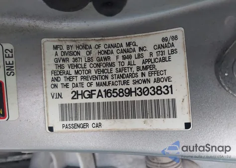 2009 Honda Civic Lx from USA, damaged, VIN 2HGFA16589H303831